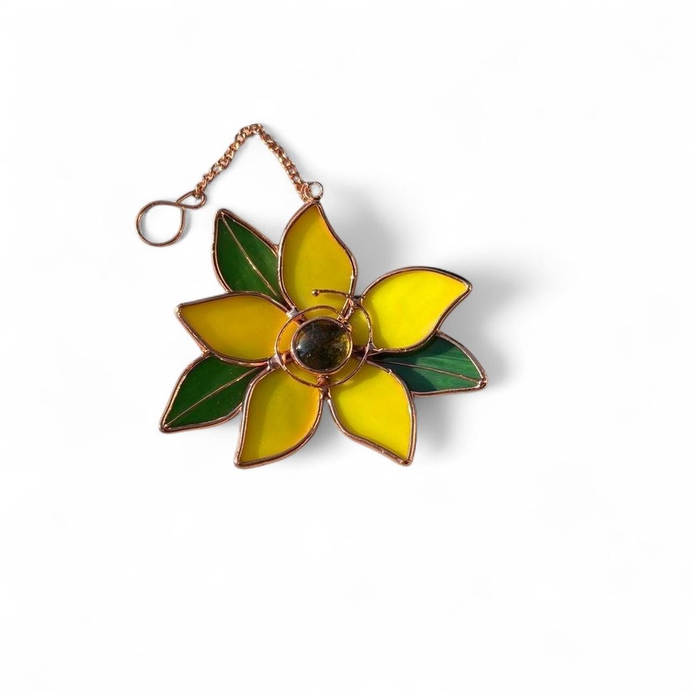 Yellow stained glass flower suncatcher with copper wire frame and glass orbs